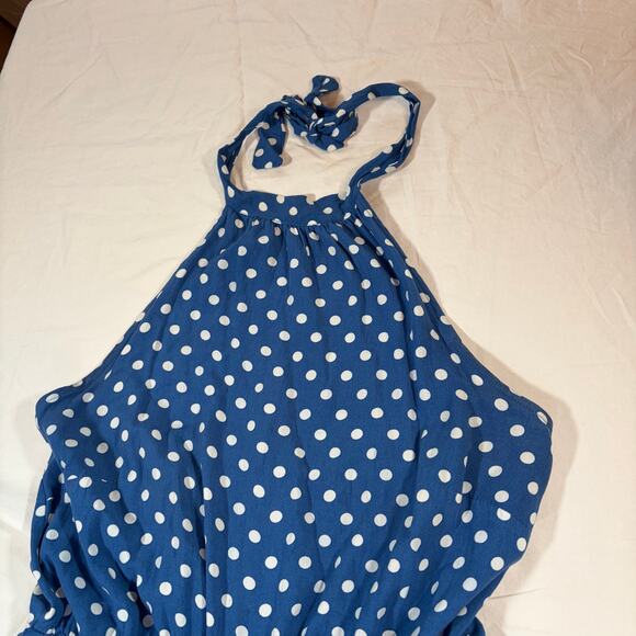 Pretty Garden polka dot halter open back romper. Size M. Blue and white. - Picture 2 of 4